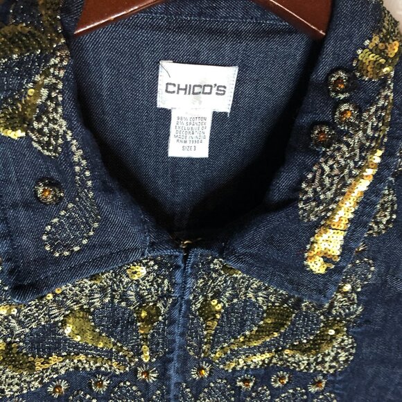 Vintage Chico's Embellished Beaded Denim Sequence Embroidery Jacket Size 3 - Picture 3 of 7